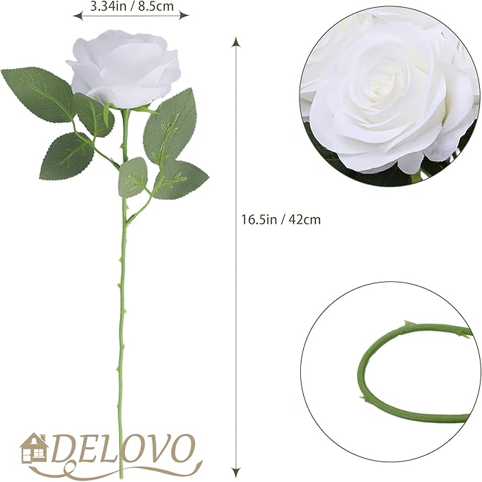 52pcs White Roses Artificial Flowers Ivory Fake Flowers Silk Roses with Stems for DIY Wedding Bouquets Bridal Shower Centerpieces Arrangements Party Decorations