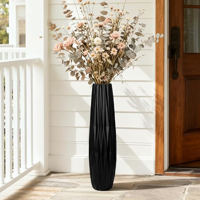Tall Black Floor Vase – 28" Twisted Geometric Ceramic Vase for Modern Home, Living Room, Table Centerpiece or Corner Decoration