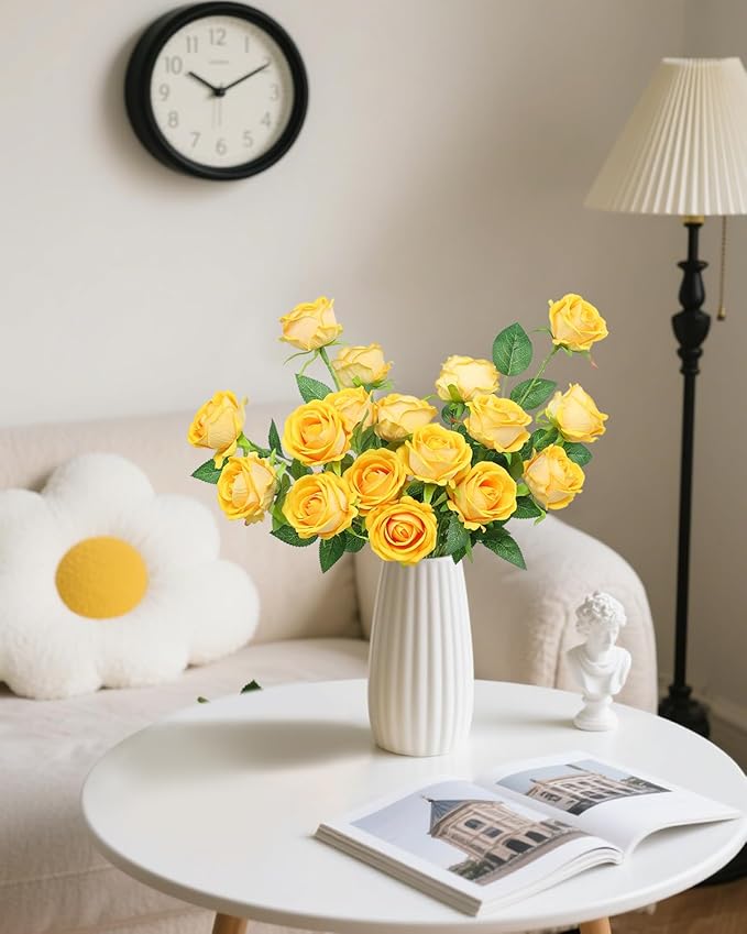 LFF 50Pcs Yellow Roses Artificial Flowers with Long Stems, Realistic Velvet Faux Roses in Bulk, Wedding Bouquet, DIY Floral Arrangement for Home/Wedding/Proposal Ceremony Decoration(Yellow)