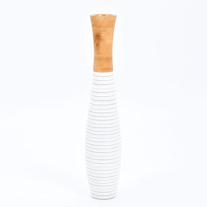 Leewadee Large Ecru Home Decor Floor Vase - Wooden 26 inch Tall Farmhouse Decor Flower Holder for Fake Plant and Pampas Grass