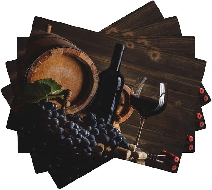 Red Wine Linen Placemats Set of 4 Vintage Wooden Wine Barrels Modern Art Placemat Indoor Outdoor Party Home Desktop Kitchen Dining Room Decoration 12x18 Inch