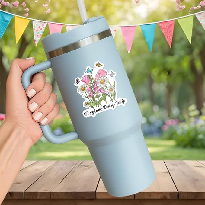 HANDICHI Design 5-Pack 3 Inch Foxglove Daisy Tulip Stickers – Floral Vinyl Decals, FDT Bumper Stickers, Waterproof Aesthetic Flower Sticker Pack for Laptops, Water Bottles, Journals