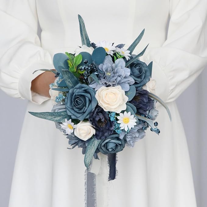 S_SSOY Wedding Bouquet Bride,Bride Bridal Bouquet Bridesmaid Artificial Flowers for Ceremony Anniversary Party Bridal Shower Decoration Wedding Bouquets (Blue)