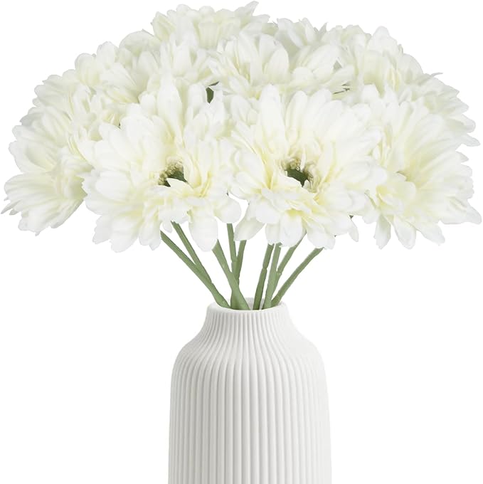 White Daisy Flowers Artificial Flowers Silk Flowers Gerber Daisy Artificial 10PCS Fake Daisies 17.7in Faux Daisies for Wedding Bridal Bouquet Party Home Kitchen Decor(White)