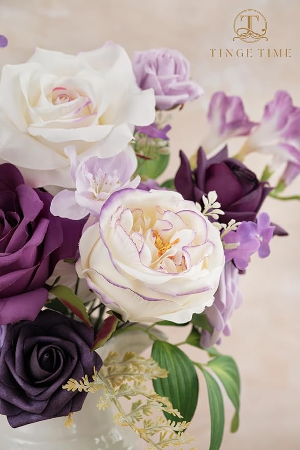 TINGE TIME Artificial Flowers Purple & White Flower Combo for DIY Wedding Bouquets Table Centerpieces Arrangements Party Baby Shower Home Decorations