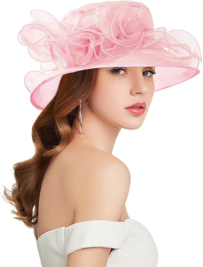 Organza Derby Hats for Women Wide Brim Fascinator Hat Rose Flower Wedding Tea Party Hat