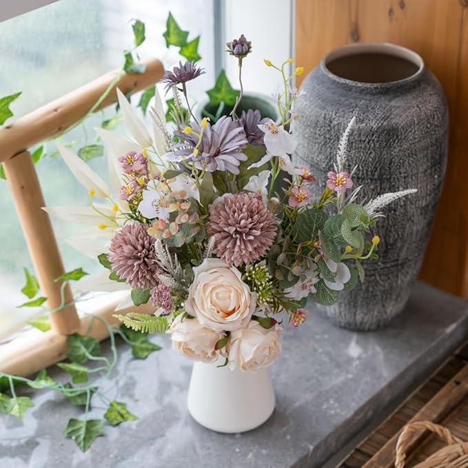 16-inch Artificial Fake Flowers Silk Table Arrangements Faux Plastic Floral Centerpieces for Home Kitchen with Roses, Dandelions, Chrysanthemum, Phalaenopsis, Eucalyptus, Sages, Orchids