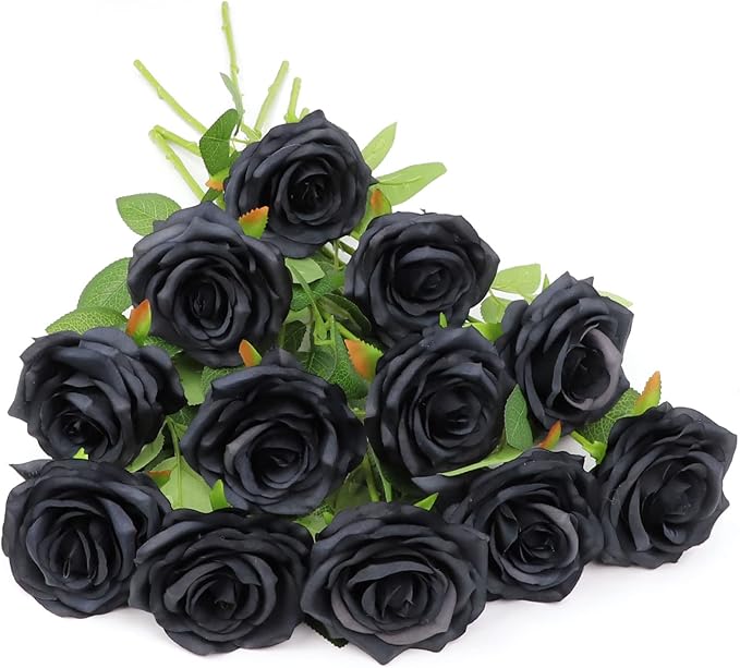 Artificial Rose Flower Black Flowers Black Roses Silk Flowers 12 pcs with Long Stem Silk Roses Bouquet for Wedding Bridal Shower Party Home Decoration