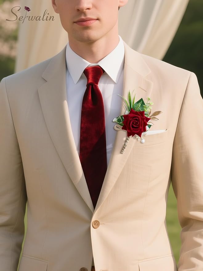 Serwalin 6PCS Red Rose Boutonniere for Men Wedding Groom Groomsmen Best Man Boutonniere for Wedding Ceremony Anniversary Prom Flowers Formal Dinner Party, Red