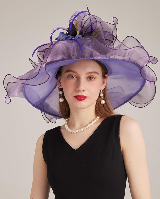 Organza Derby Hats for Women Wide Brim Fascinator Hat Rose Flower Wedding Tea Party Hat