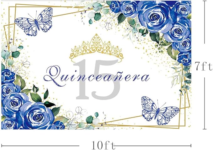 SENDY 10x7ft Quinceañera Backdrop Mis Quince 15 Anos Birthday Party Decoration Supplies for Girl Princess Royal Blue Floral Butterfly Gold Crown Photography Background Banner Photo Booth Studio Props