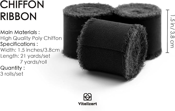 Vitalizart Black Handmade Chiffon Silk Ribbon Fringe 3 Rolls 1.5" x 21 Yd Frayed Edges Ribbons for Wedding Invitations Bridal Bouquets Gifts Wrapping Crafts Holiday Decor
