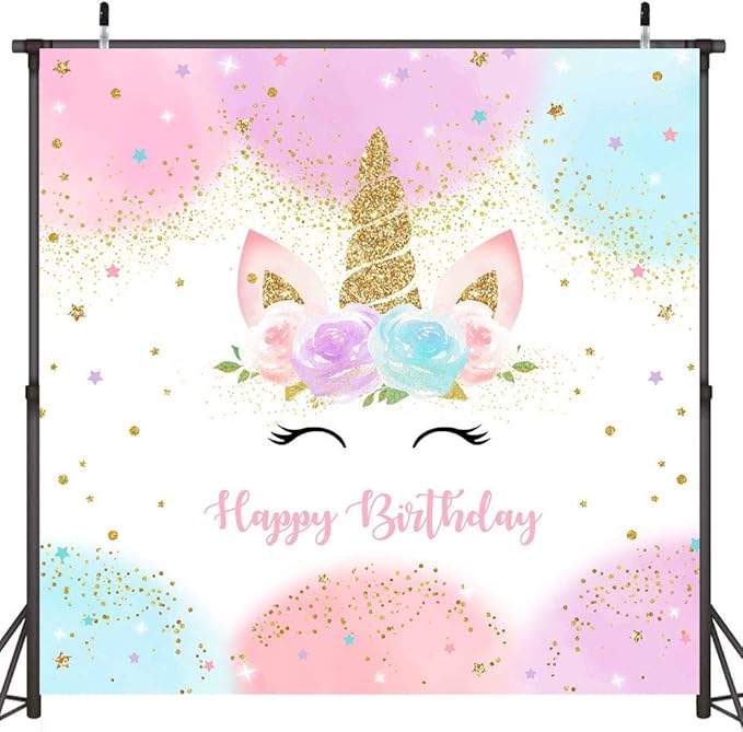 Mocsicka Unicorn Birthday Decorations Unicorn Backdrop for Girls Birthday Party 6x6ft Pastel Rainbow Unicorn Glitter Stars Dots Happy Birthday Banner Photo Booth Props