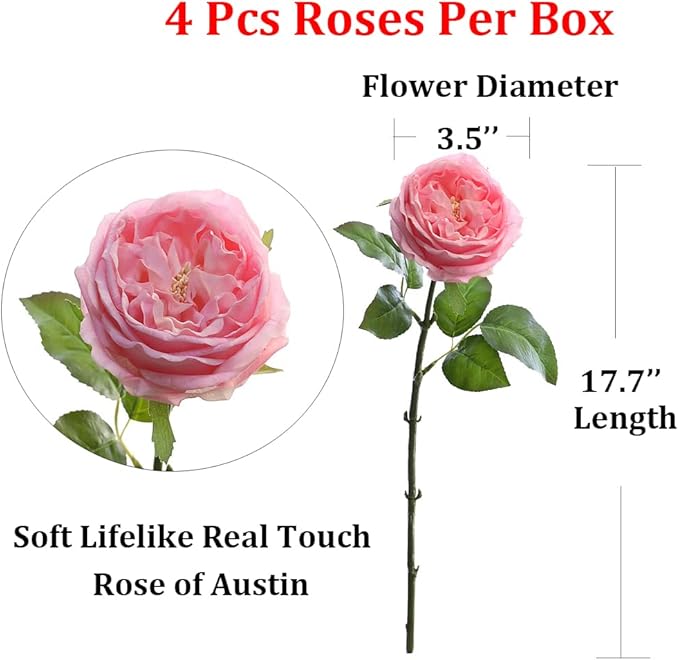 YalzoneMet 3.5'' Big Bloom Rose Artificial Flowers Pink 4Pcs Real Touch Rose Faux 17.7 Inch Long Stem Austen Roses Peonies Fake Flowers for Home Kitchen Party Christmas Flower Wedding Decor