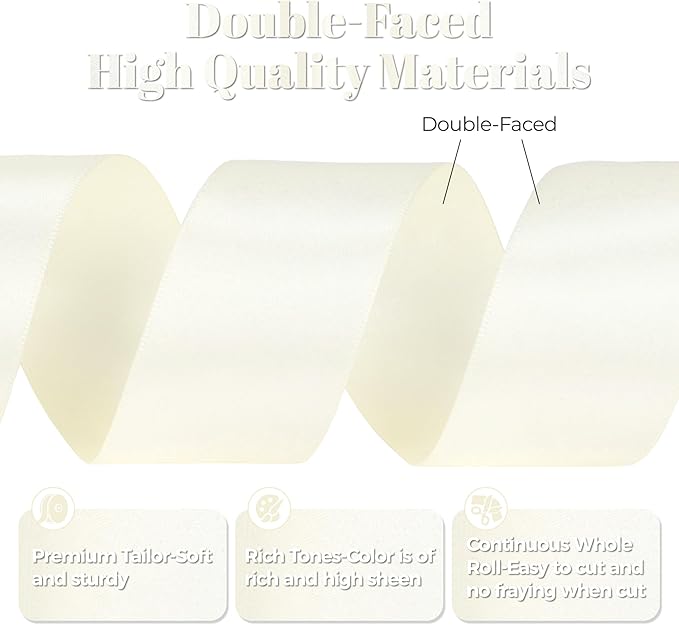 Ivory Satin Ribbon, Double Faced 1-1/2 Inch X 50 Yards Ivory Ribbon, Premium Satin Ribbon for Gift Wrapping, Crafts, Hair Bow Making, Sewing, Flower Bouquet, Wedding Party Decor