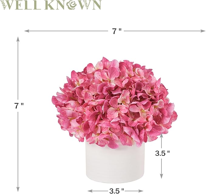 Hydrangea Fake Flowers in Vase, Artificial Flowers with Ceramic Vase Small Faux Potted Floral Arrangements for Bathroom Home Desk Kitchen Counter Vanity Shelf Coffee Table Centerpiece Decor (Hot Pink)