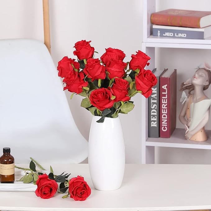 Nubry 8pcs Artificial Silk Roses Bulk,Fake Roses Flower with Stems Realistic Flowers for Wedding Centerpiece Home Party Decor(Dark Red)
