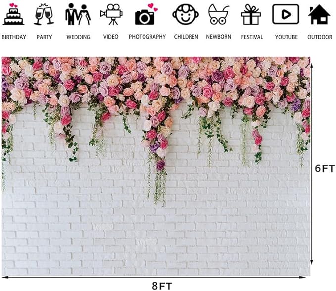 LTLYH 8x6ft Vinyl White Brick Wall Flowers Backdrop Mother's Day Wedding Bridal Baby Shower Birthday Party Decor Banner Background Photo Prop 134