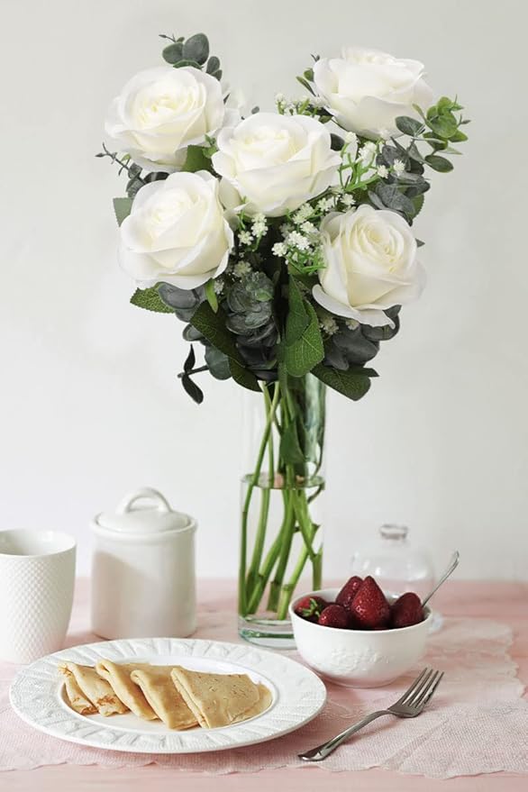 12pcs Roses Artificial Flowers Ivory Silk Roses with Long Stems Fake Flowers for Wedding Bouquet Centerpices Decorations Party Bridal Baby Shower Home Decor