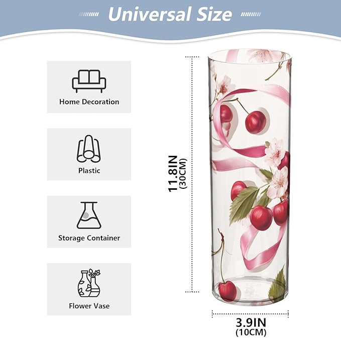 Flower Vase Clear Plastic Cylinder Vases Decor for Centerpieces Home Storage Office Weddings Pink Floral Cherries and Ribbons 11.8 x 3.9 in