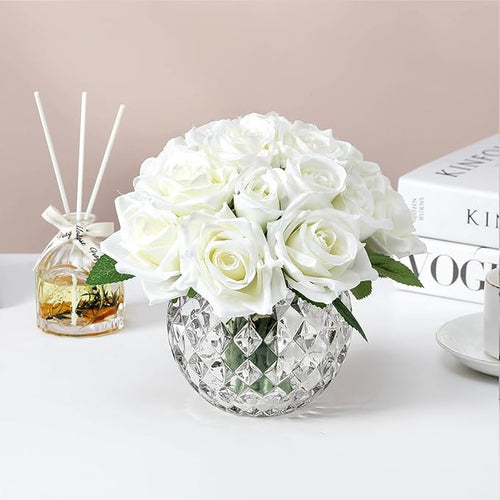 18PCS Artificial Rose Fake Flowers in Vase, Faux Floral Arrangement with Vase for Dining Table Bedroom Wedding Decor (Cream)