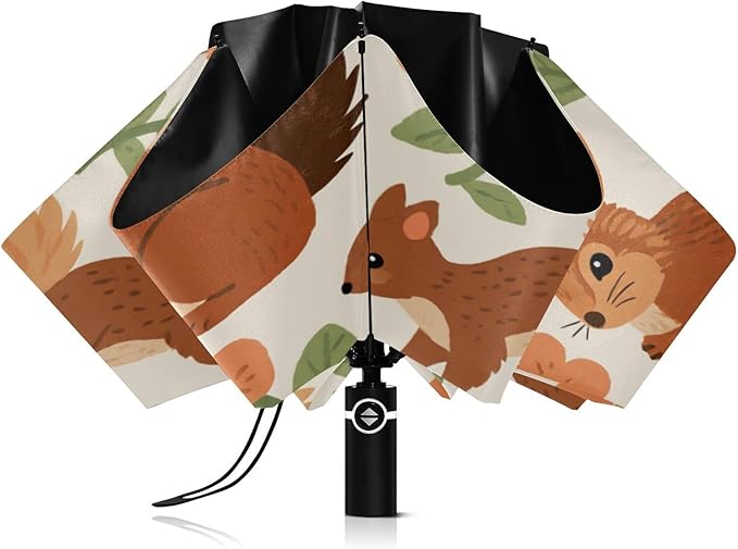 Squirrels and Flowers Pattern Print Folding Umbrella Compact Travel Automatic Open Close Sun UV Protection Reverse Inverted Umbrella for Rain Women Men Outsid