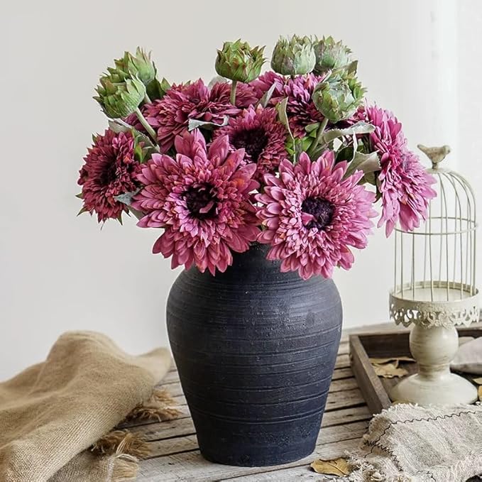 Kimura's Cabin 5Pcs Fake Sunflowers Artificial Silk Flowers Bouquet Long Stems Faux Sunflower Real Touch Chrysanthemum for Wedding Home Garden Birthday Party Indoor Decor(Purple)