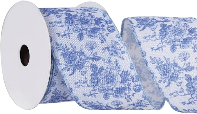 Blue Floral Wired Ribbon 2.5 Inch Vintage Flower Chinoiserie Printed Fabric Ribbon for DIY Crafts Wreath Bow Making, 15 Yards