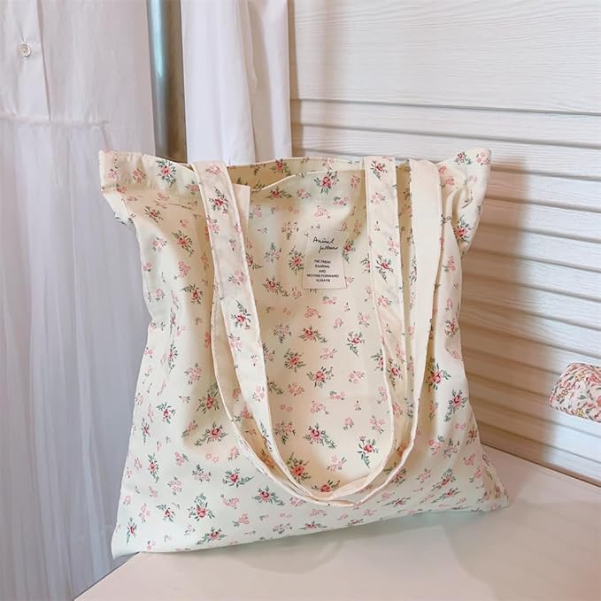 Cotton Canvas Tote Bag Reusable Soft Grocery Cloth Bag Floral Shoulder Bag for Beach Travel Shopping