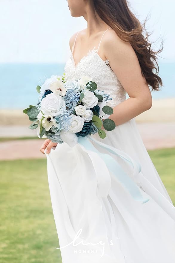 Ling's moment Dusty Blue Bridal Bouquet for Bride, Blue Wedding Bouquets for Bride, 13 Inch Silk Round Artificial Wedding Flowers Bouquets