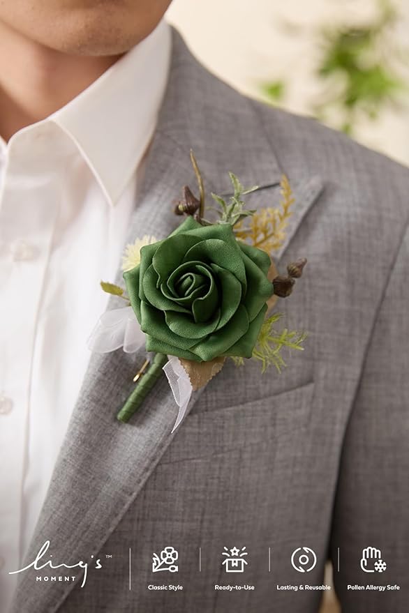 Ling's Moment Boutonniere for Men, 6pcs Groom Groomsmen Boutonniere, Artificial Flowers for Wedding Decor/Prom/Homecoming, etc.Emerald Green Beige