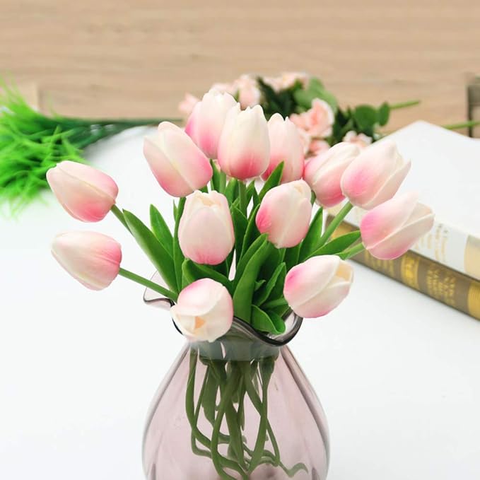 IPOPU 24PCS Pink Tulips Artificial Flowers Light Pink Tulips Fake Flowers for Tulip Flower Arrangements Home Decor Wedding Bridal Bouquet Party Baby Shower Centerpieces (Light Pink)