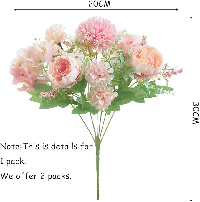 Artificial Flowers, 2 Pack Fake Peony Silk Hydrangea Bouquet Decor Plastic Carnations Daisy Realistic Flower Arrangements Wedding Decoration Table Centerpieces,for Home Office Party Decor (Pink)