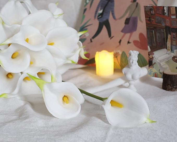 DuHouse 12Pcs Artificial Calla Lily Flower Real Touch Latex Flowers for DIY Wedding Bouquet Party Home Decor(White-Yellow Core)
