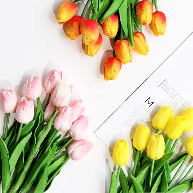24pcs Multicolor Artificial Tulips Flowers Fake Faux PU Tulip Bouquet Real Touch Flower Arrangement for Home Room Office Party Wedding Decoration Excellent Gift Idea for Mothers Day