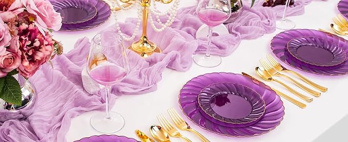 YOUBET 125PCS Purple Plastic Dinnerware Set - Gold and Clear Purple Disposable Plates Include 50 Plastic Plates 75 Silverwares for Wedding Birthday Parties