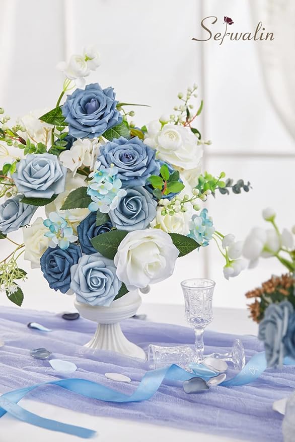 Serwalin Artificial Flowers Blue Fake Silk Foam Wedding Flowers for Bridal Bouquet White Roses with Stems for Home Party Decoration Faux Flower Table Centerpieces Arrangements for Baby Shower