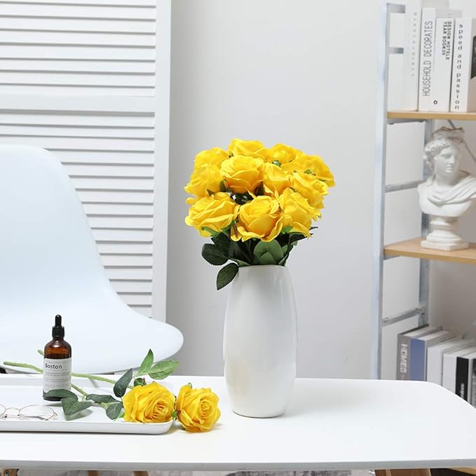 Nubry Artificial Silk Rose Flower Bouquet Lifelike Fake Rose for Wedding Home Party Decoration Event Gift 10pcs (Yellow)