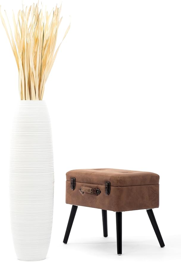 Leewadee Large 34″ Tall Floor Vase, White - Handcrafted Mango Wood for Pampas & Dried Stems
