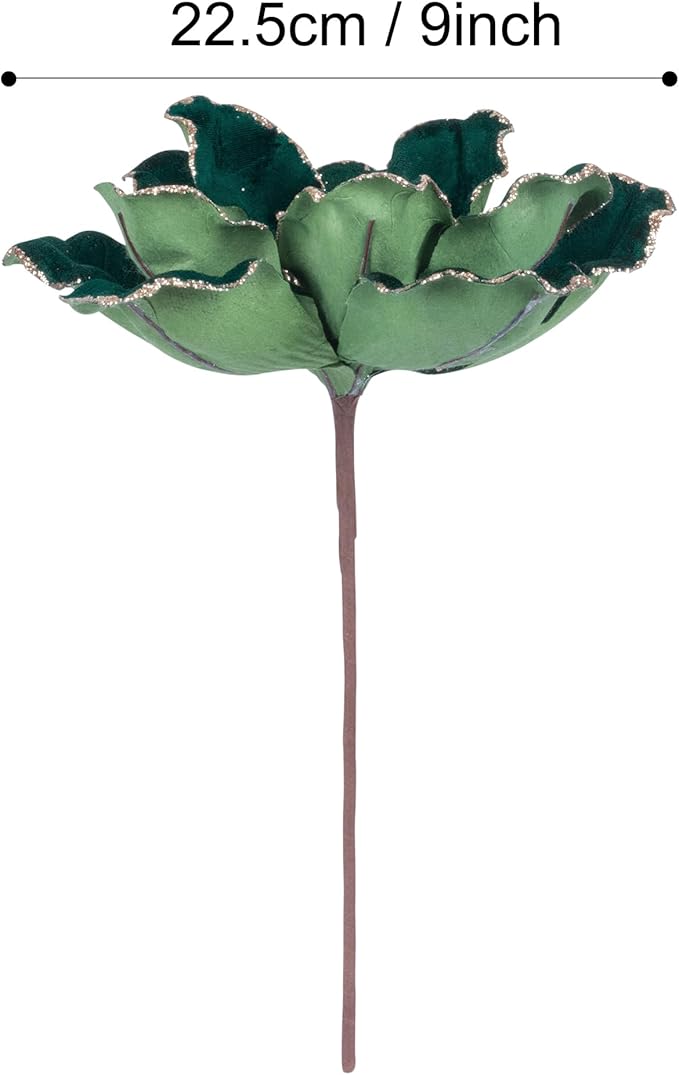 KI Store Dark Green Christmas Poinsettia Flower Set of 6 Large Artificial Velvet Magnolia Flower Picks Stems for Xmas Tree Decorations