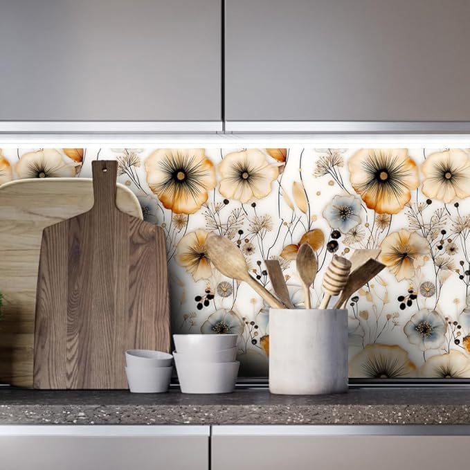 Watercolor Floral Peel and Stick Wallpaper Amber and Blue Leaf Gold Self Adhesive Removable Floral Wall Paper Renter Friendly Contact Paper for Bedroom Bathroom Walls Shelf Liner 17.71"X118.1"