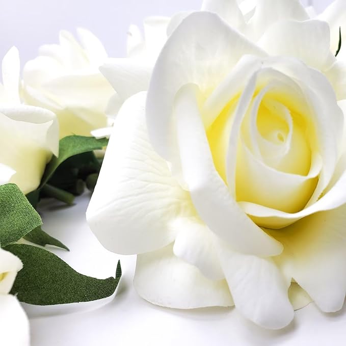 Artificial flower real touch roses feel and look realistic fake roses with short stems, suitable for gift, for wife girlfriend mom friends, Indoor home table，cake, hotel, car decoration (white)