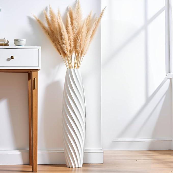 Tall Floor Vase, 23.6 inches Tall Vases Sturdy, Luxury, Textured for Decorative Branches Dried Flowers, Floor Vase for Rustic, Living Room, Shelf Decor (White)