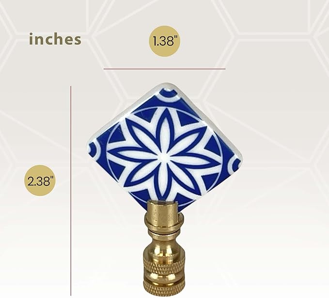 Royal Designs, Inc. Porcelain Mandala Flower Design Finial for Lamp Shade, Polished Brass, Blue & White, Pack of 2
