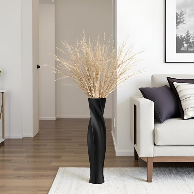 Tall Vases - 23.6" Tall Floor Vase for Home Decor, Resin Floor Vases, Black Hexagon Twist Floor Vase, Fits Into Hay/Pampas Grass, Living Room, Office, Wedding Decor (Black)