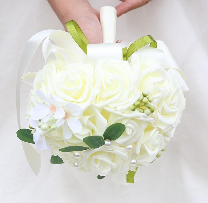 Lightweight Bridal Wedding Bouquet Round Holding Bouquet Throw Toss Artificial Rose Flower Bunch for Bride Bridesmaid Wedding Quinceanera (Cream, 9.1")