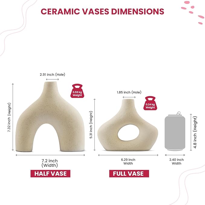 Donut Vase Set of 2, Cream Ceramic Vase for Home Decor, Minimalist Boho Vases for Pampas Grass, Modern Nordic Centerpieces for Living Room, Console Table, and Spring Decor