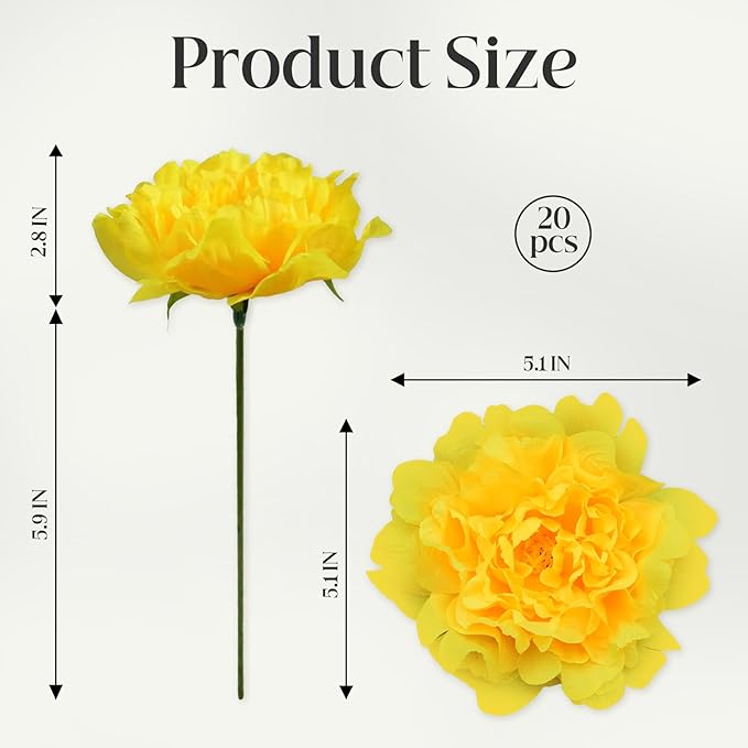 20pcs 5" Artificial Flower Peonies, Silk Peonies with 6" Stems, Flowers Suitable for Wedding Bouquets, Home Party Decoration (Yellow)
