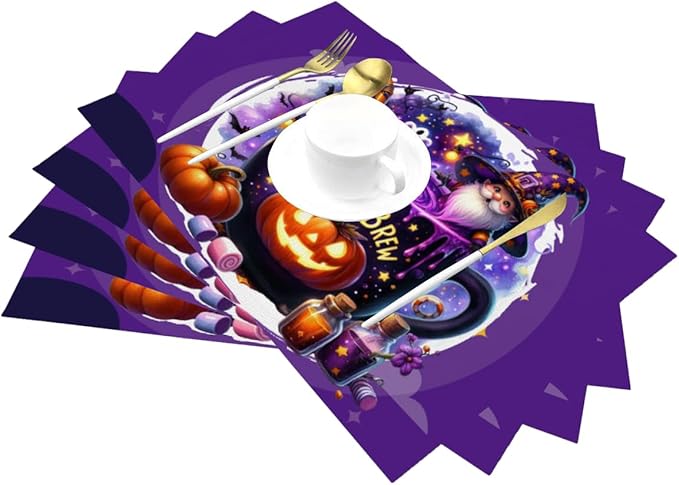 PVC Placemats Set of 6 Wipeable Table Mats Washable Heat Resistant Non Slip Vinyl Dining Table Mat for Kitchen Indoor Outdoor Patio Farmhouse Place Mats Purple Halloween Magic Cauldron Decorative