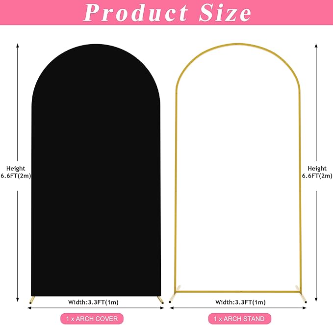 Putros 6.6ft Metal Arch Stand with Cover Black Spandex Fitted Wedding Arch Cover and Round Top Chiara Backdrop Stand Set for Birthday Party Baby Shower Decoration